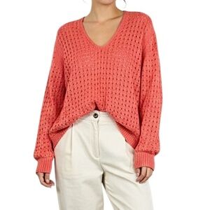 OLSEN watermelon pink open knit v neck boxy pullover cable knit sweater XL / 16